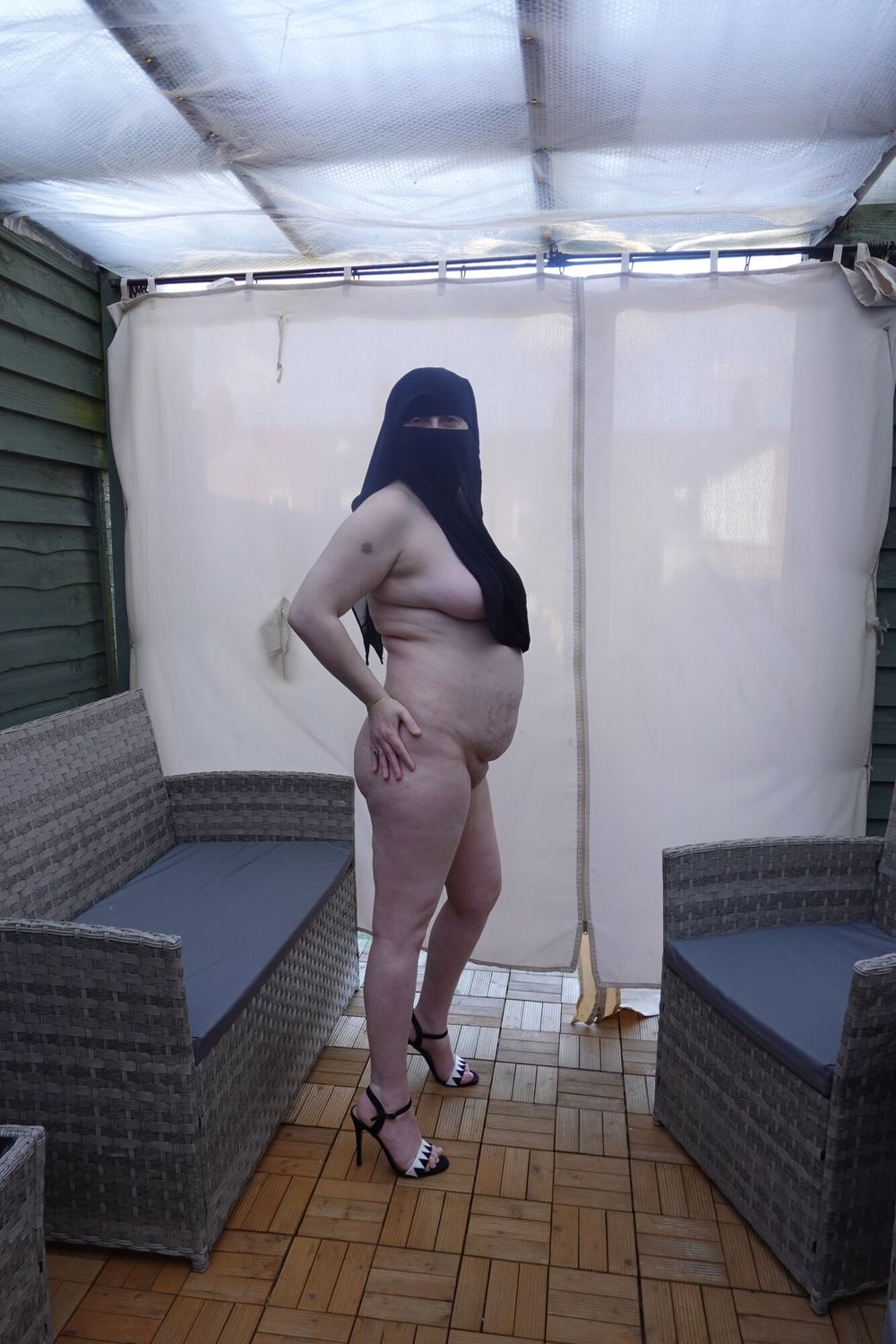 Curvy Wife Niqab naked in high heels #2