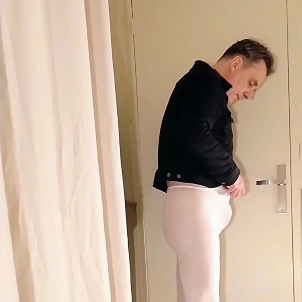 Cock stroking in white open pantyhose #5