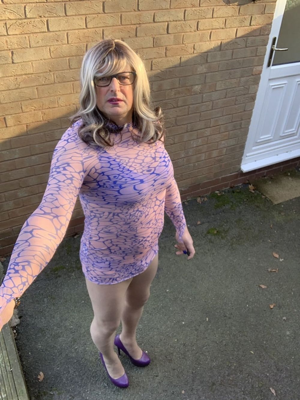 Crossdresser Kellycd in blue and pink see thru dress #16