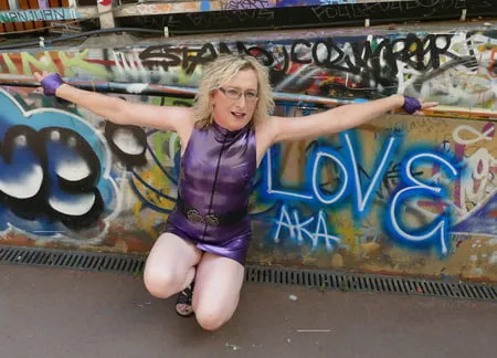 sexy blonde latex dress and graffiti in one photoshoot         