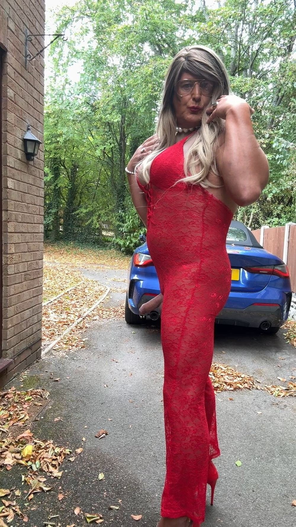 Sexy Crossdresser kellycd2022 in red lace jumpsuit and heels #46