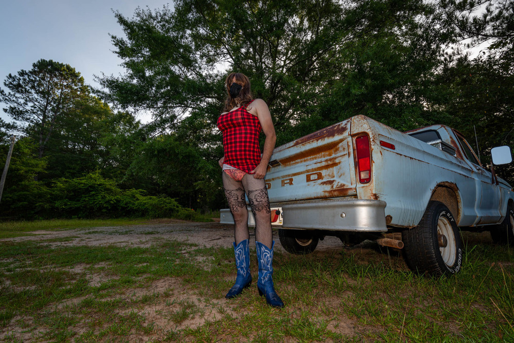 Jon Scarecrow Big Fake tits Crossdresser in Snug Plaid Dress #18