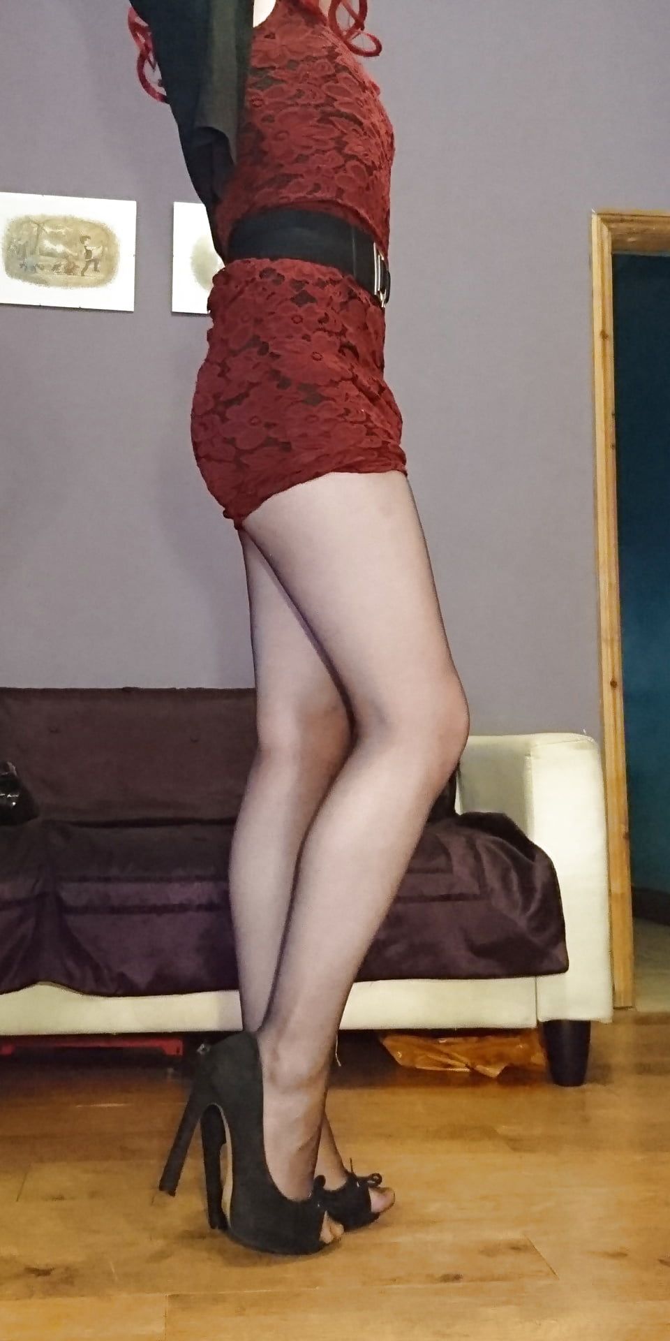 Marie crossdresser in red lace dress and sheer pantyhose #7