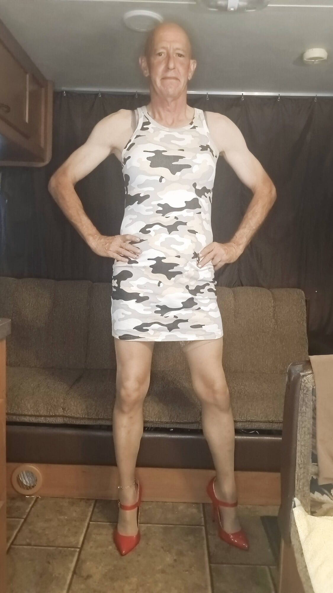 Faggot Andrew Brown in Camo Dress, Thigh Highs and Heels #13