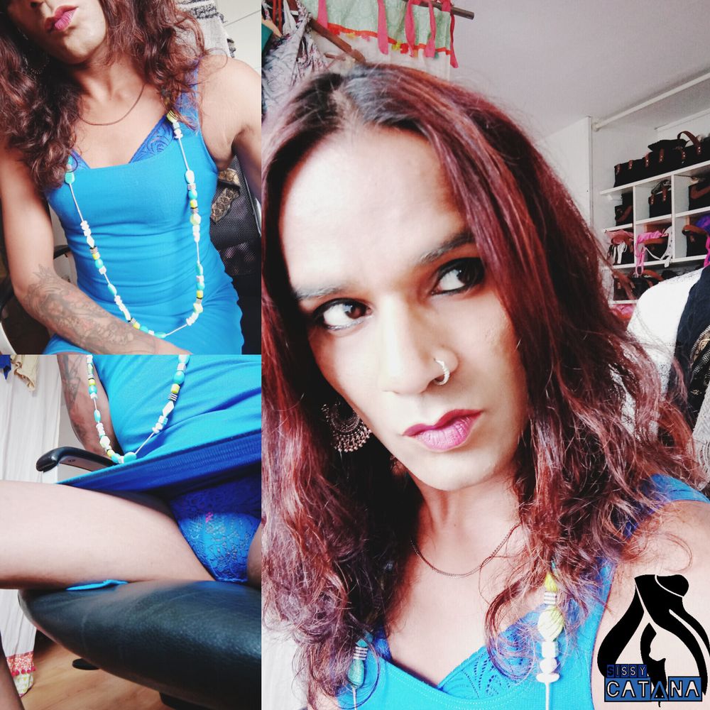 transgirl in blue dress show you her booty and big clit #6