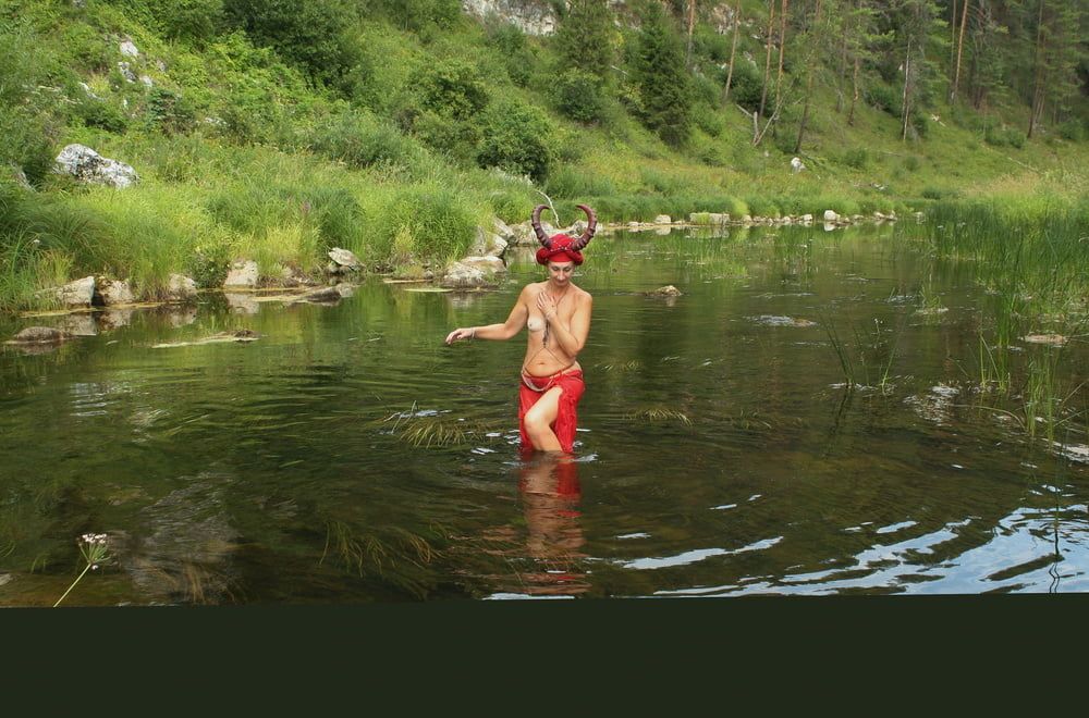 With Horns In Red Dress In Shallow River #5
