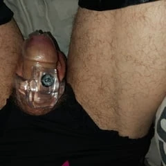 Self punishment.in a chastity cage,panties and stockings 