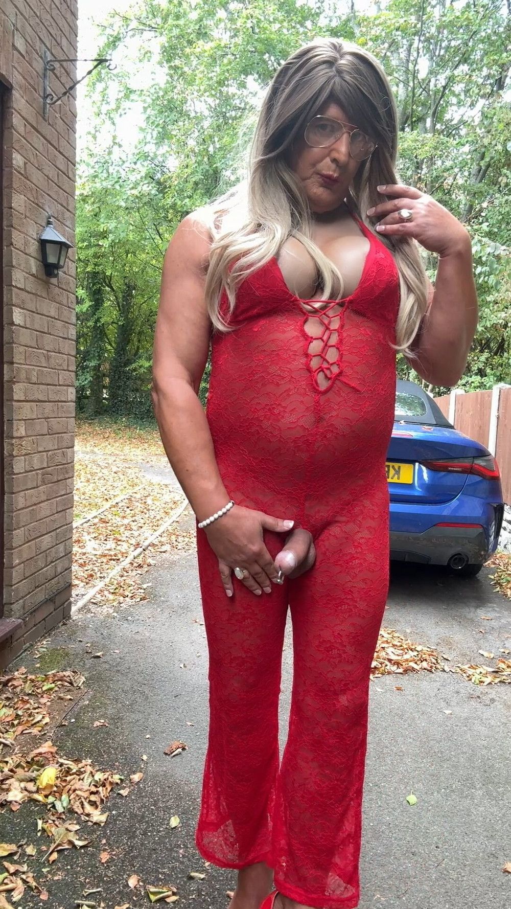 Sexy Crossdresser kellycd2022 in red lace jumpsuit and heels #17