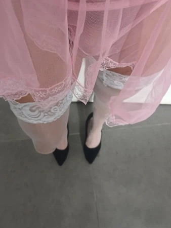 transparent pink nightie white stoking high heels         