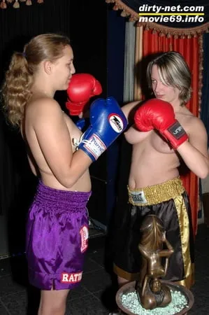 teen nathalie and dany sun are boxing topless         