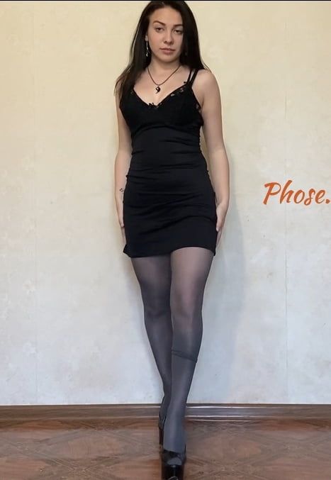Amber In Black Dress and Grey Pantyhose and High Heels #6