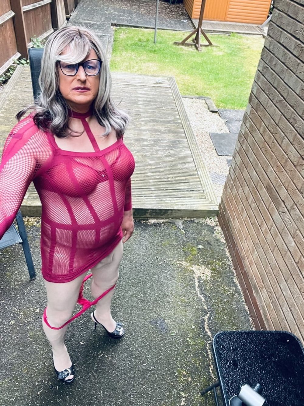 Crossdresser Kellycd in purple fishnet dress  #34