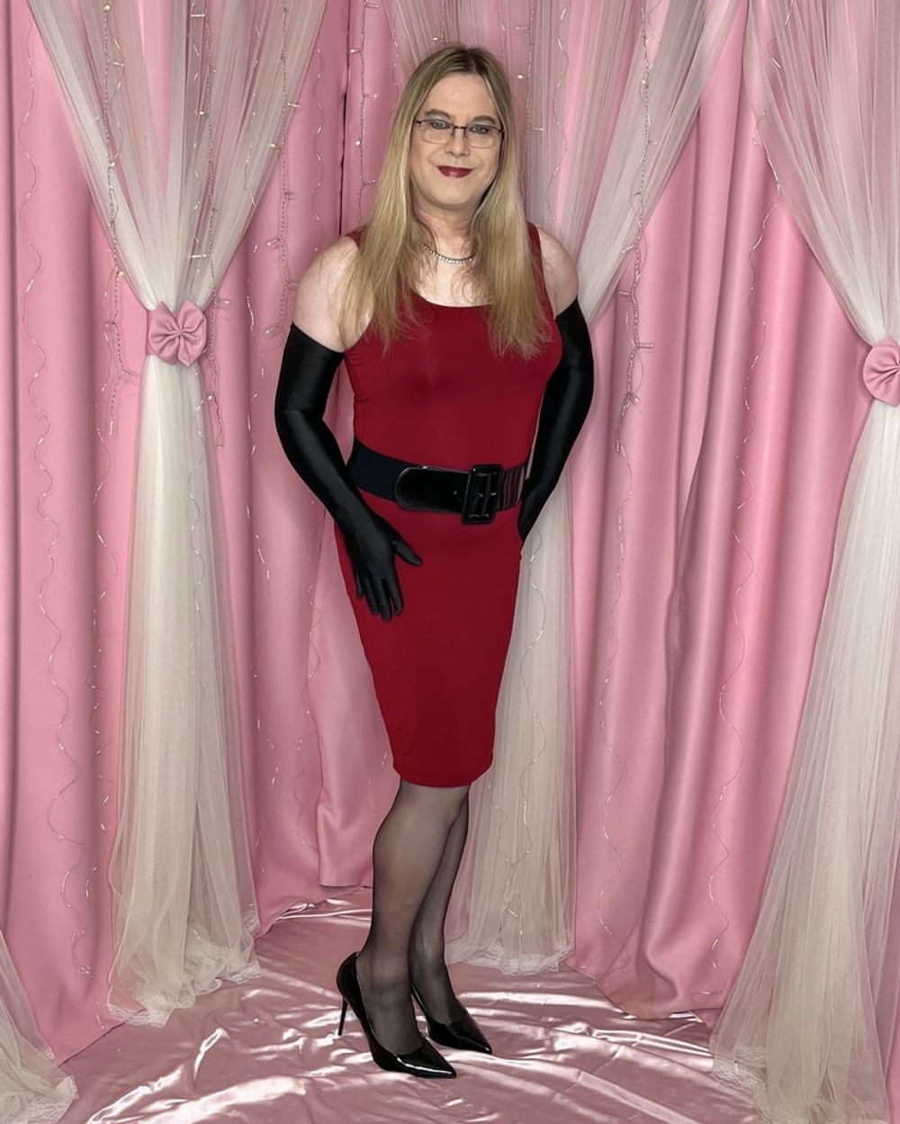 Joanie - Red Dress and Y Strap Garter Belt