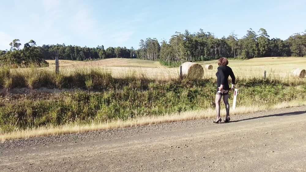 Crossdress Road trip- Rural road -Black Dress #14