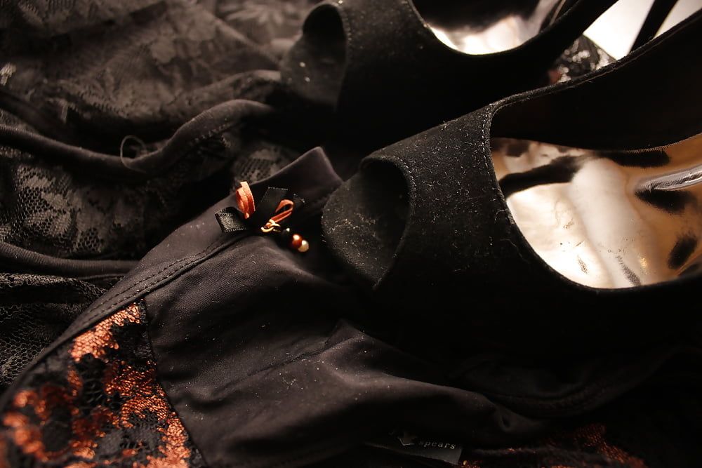 All black:heels, panties, suspenders, stockings, dress, cum #32