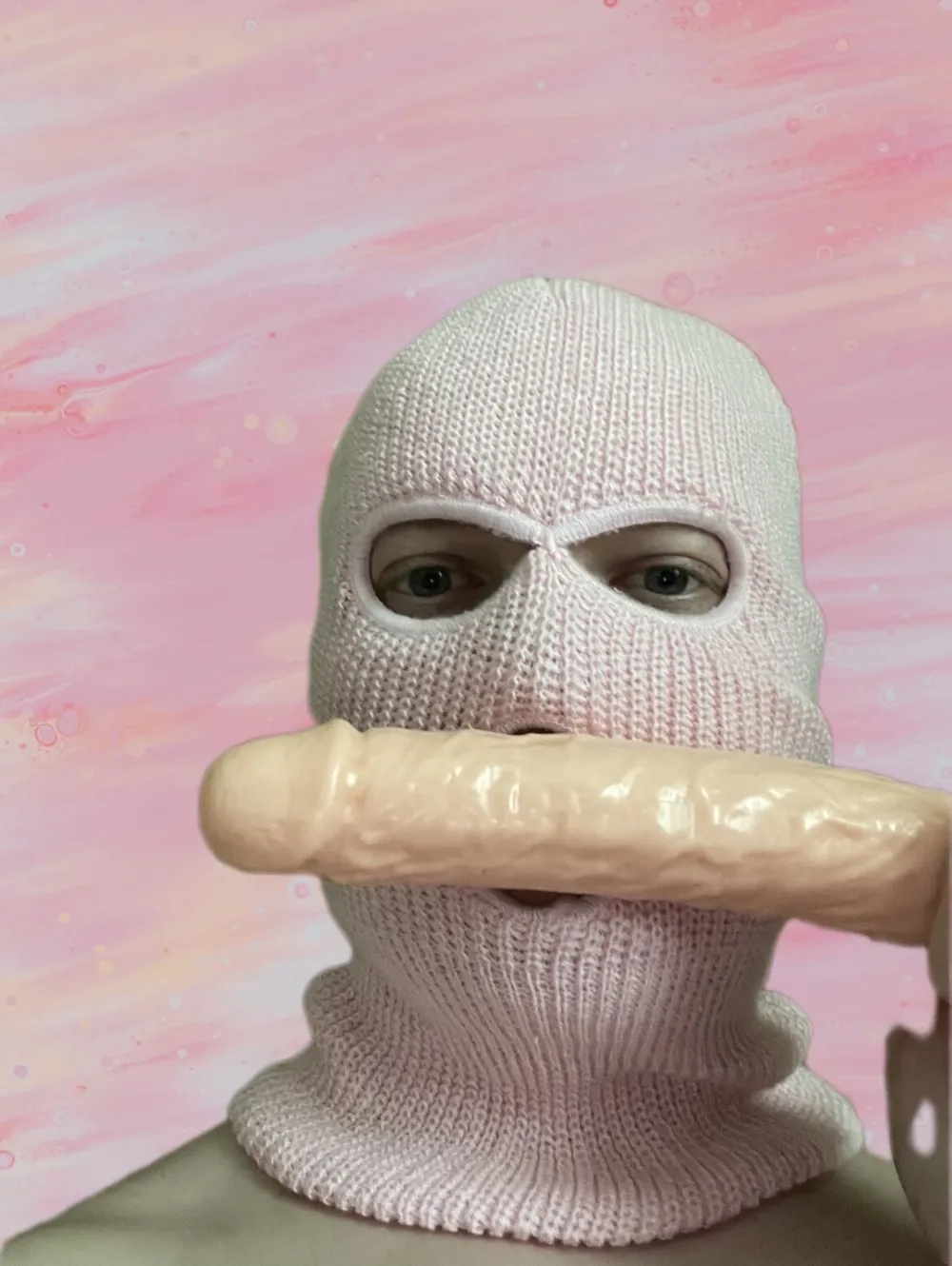 Playing with a dildo in a pink mask #3