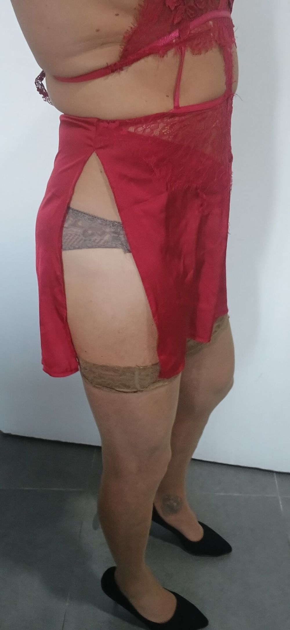 In a little satin red nightie and heels #14