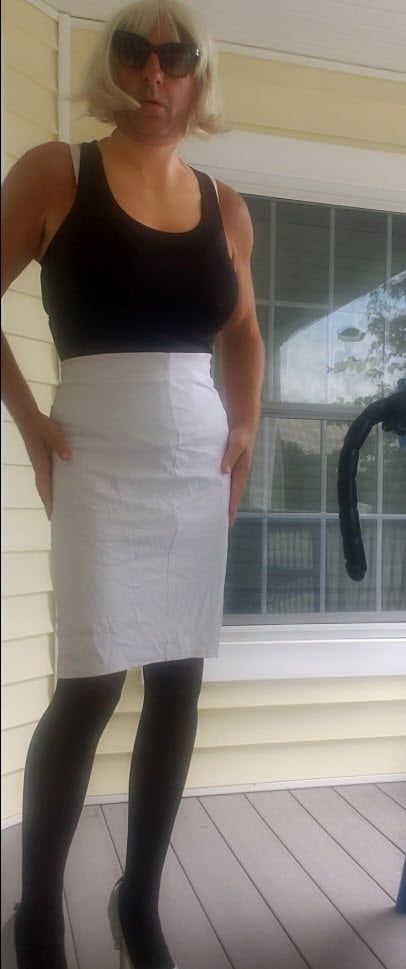 Black top and white skirt on Porch