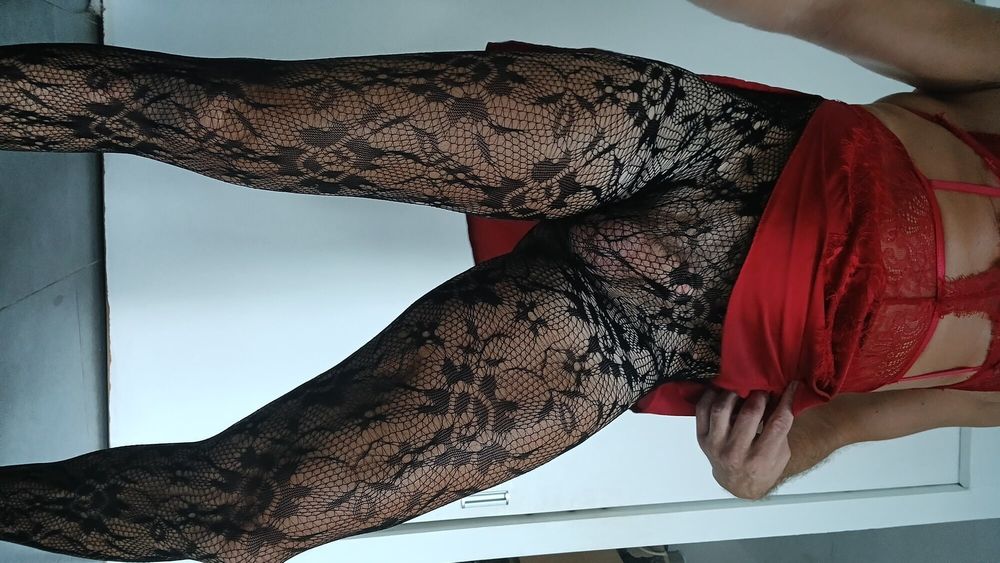 Fishnet pantyhose red nightie  #2