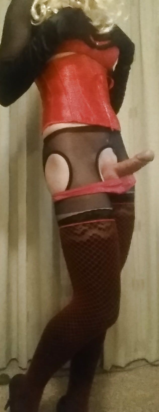 Red and Black lingerie and my hard cock #13