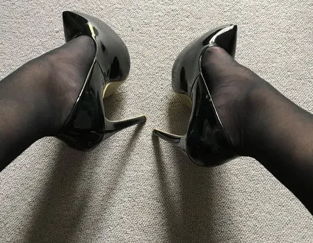 black tights heels close up           