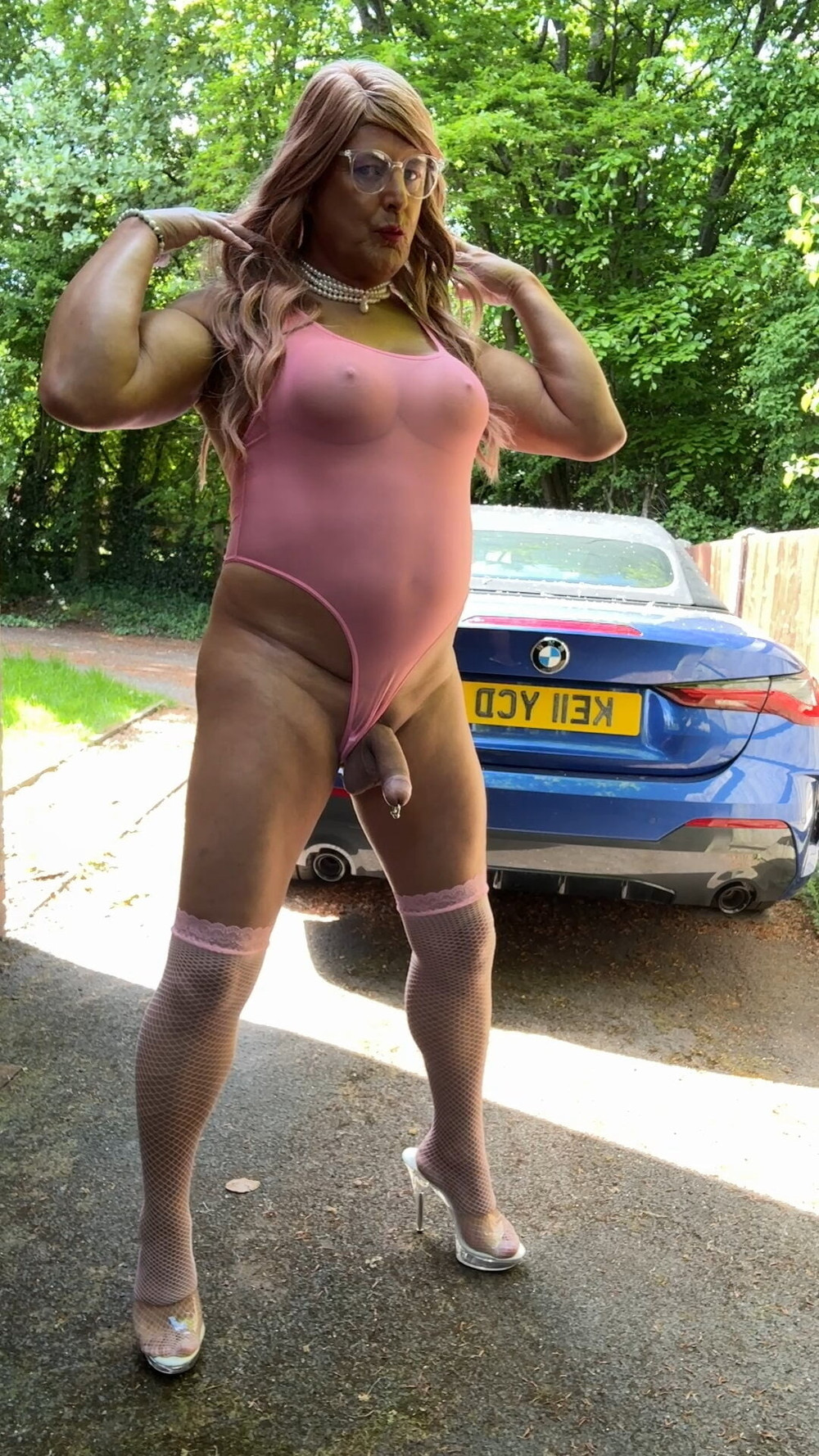 Sexy Crossdresser kellycd2022 in pink bodysuit and stockings #60