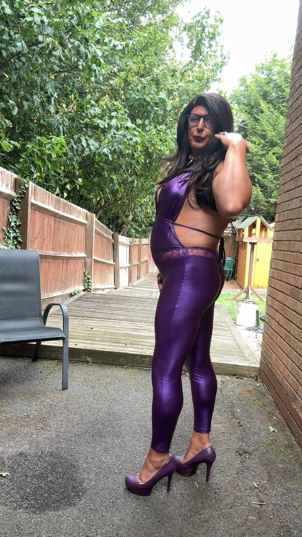 Sexy Crossdresser kellycd2022 in purple pvc catsuit and heel #12