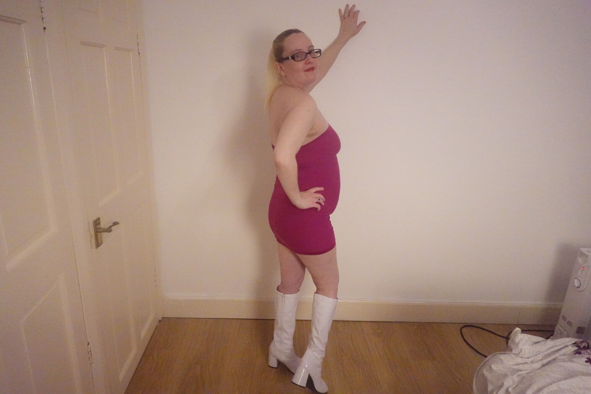 Date night pink dress and White PVC Knee Boots #10
