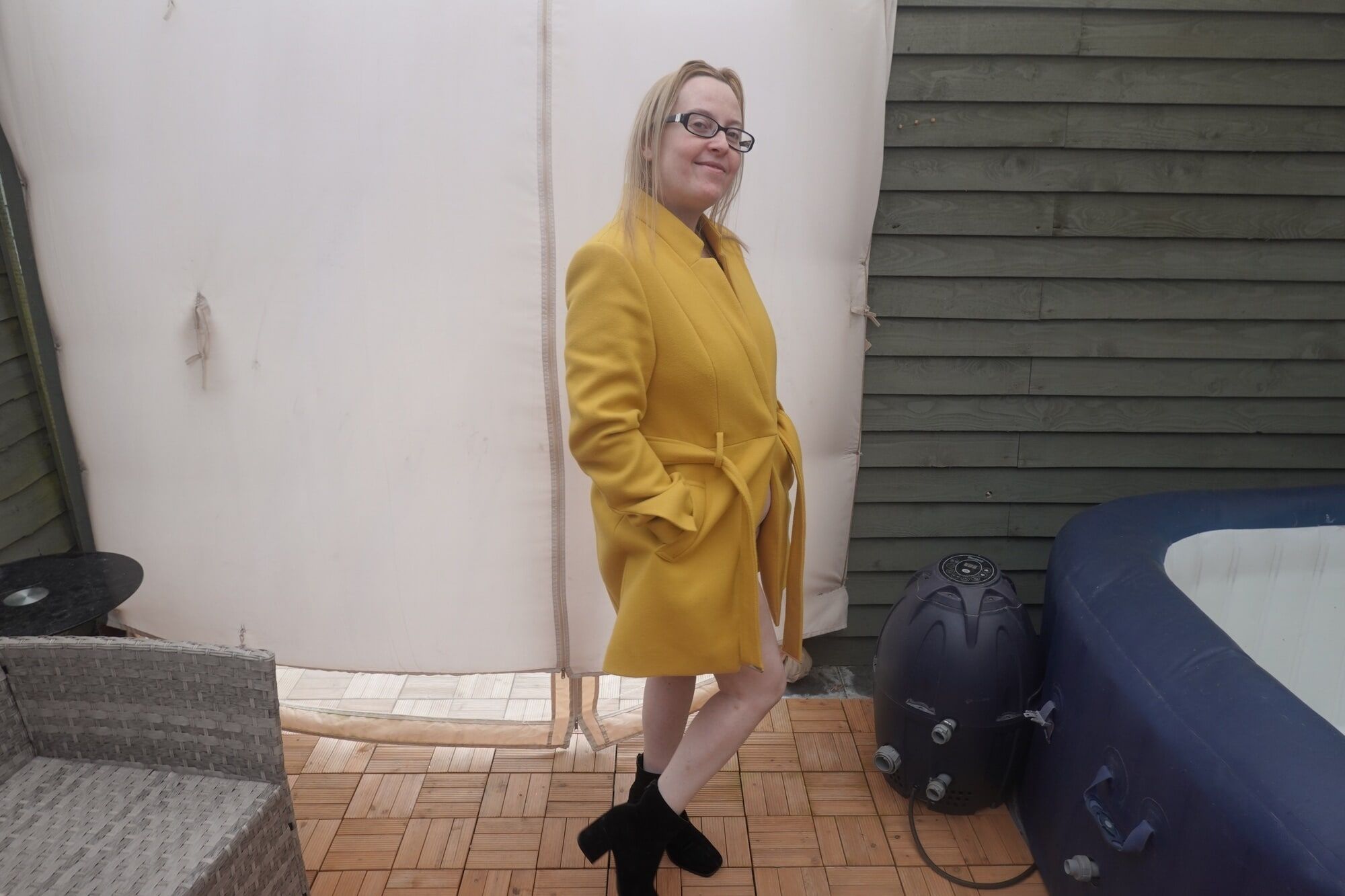 British Wife In coat out in the Yard in the cold #4