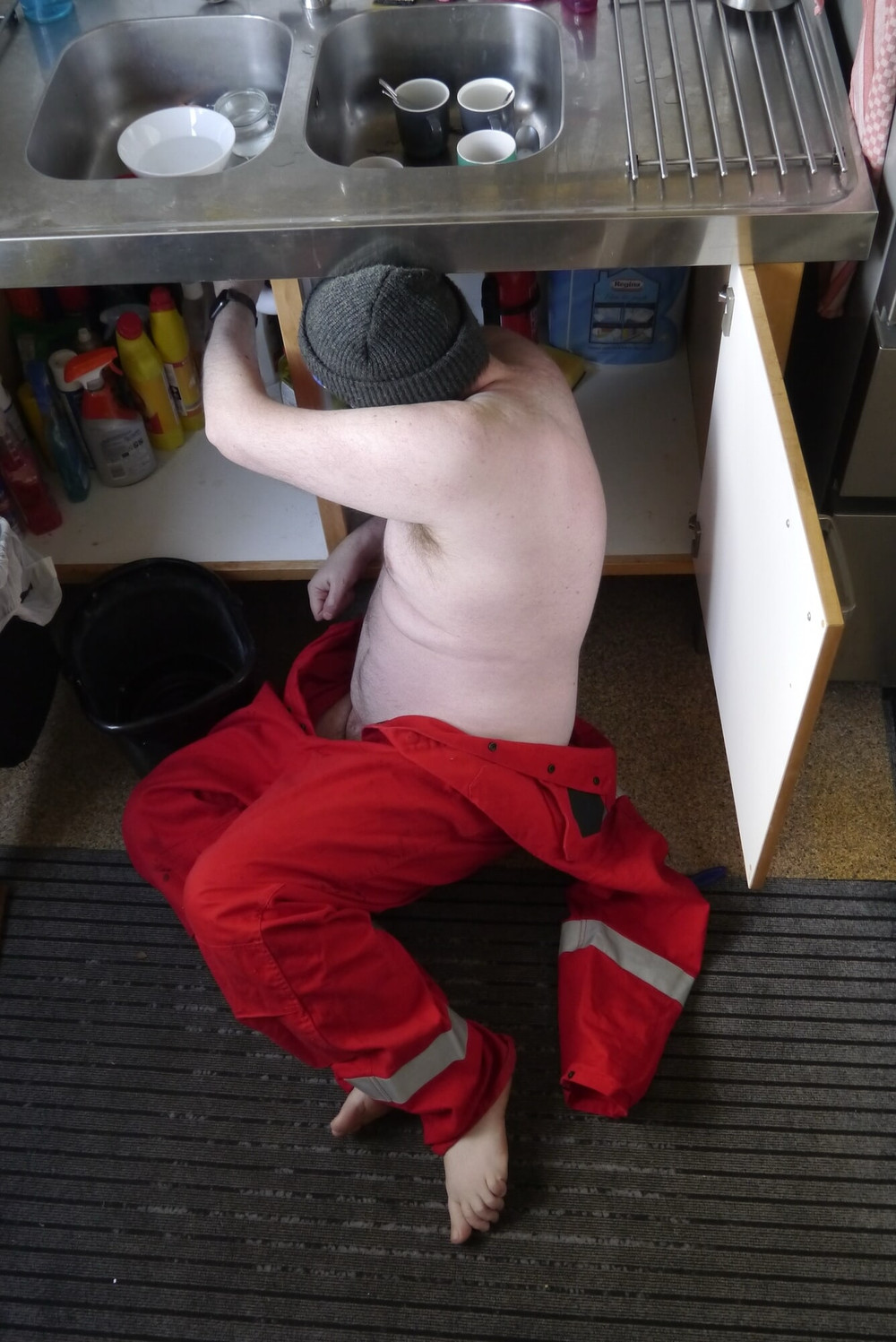 Plumber strips from overalls. #7