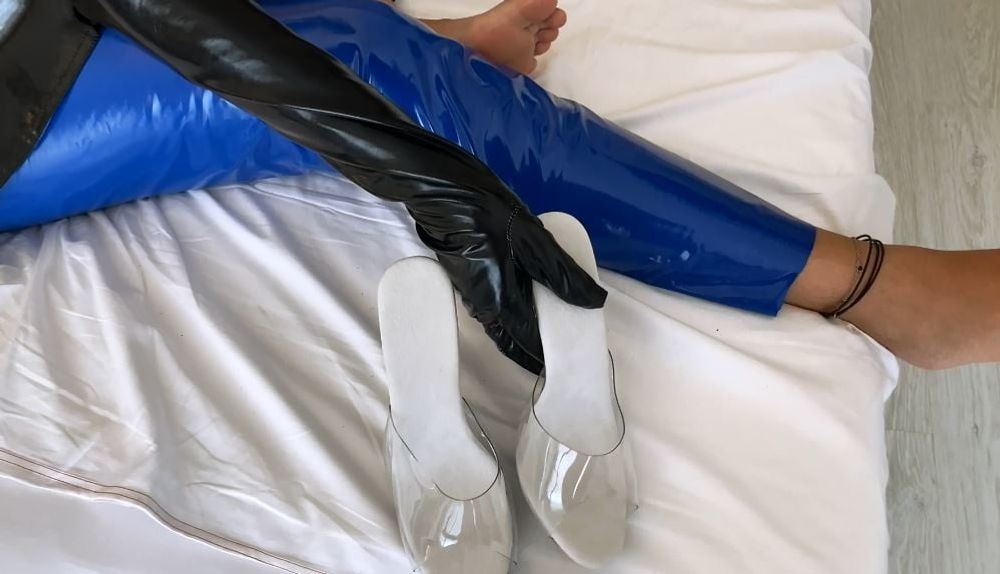 Blue Leggings, Clear Heels, Black gloves #15