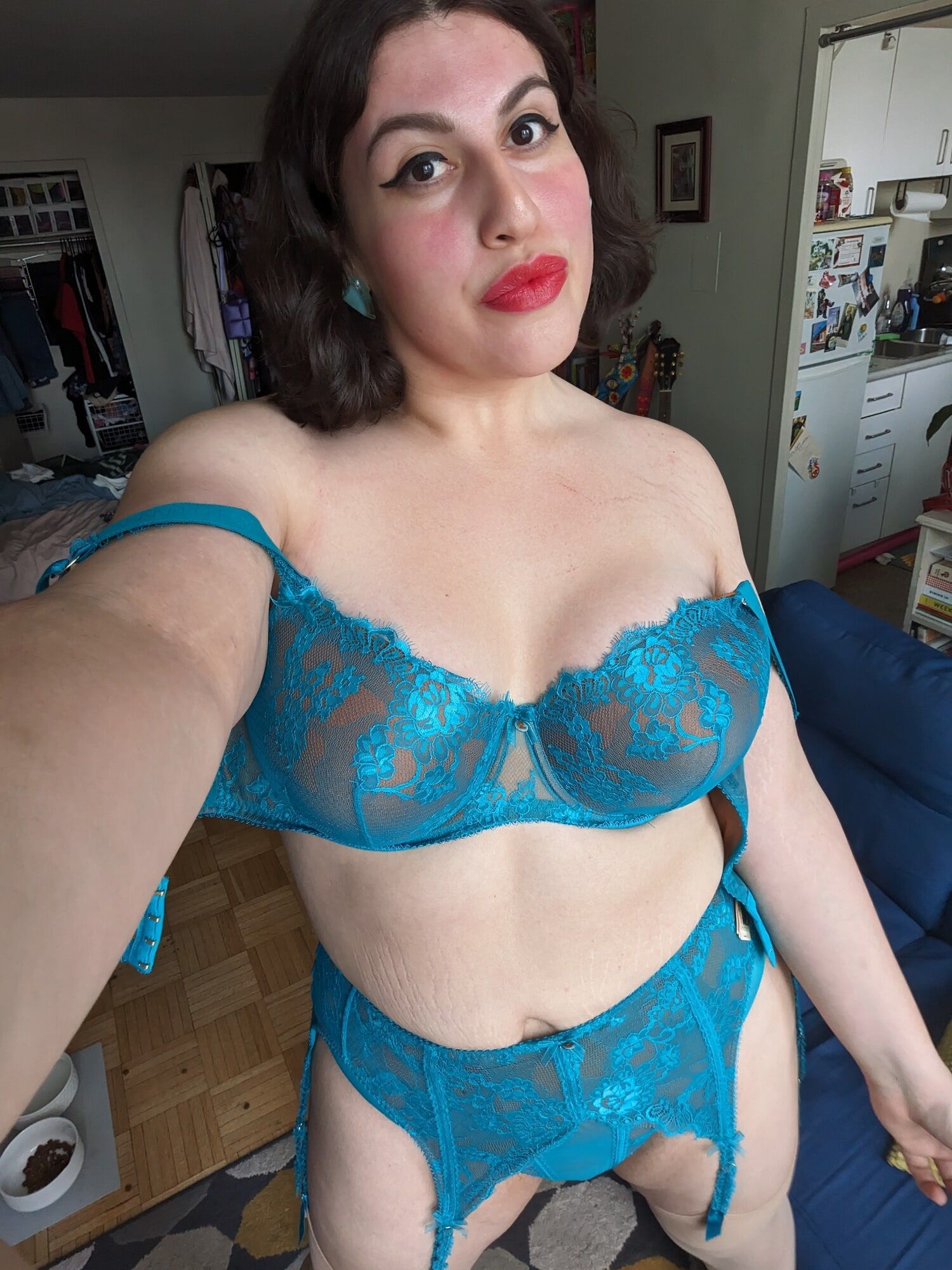 Busty Latina Tranny in Blue Vintage Lingerie  #7