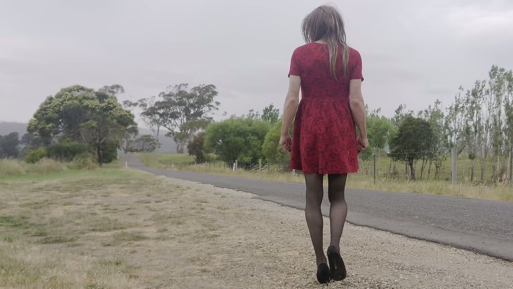 Crossdress road trip red dress