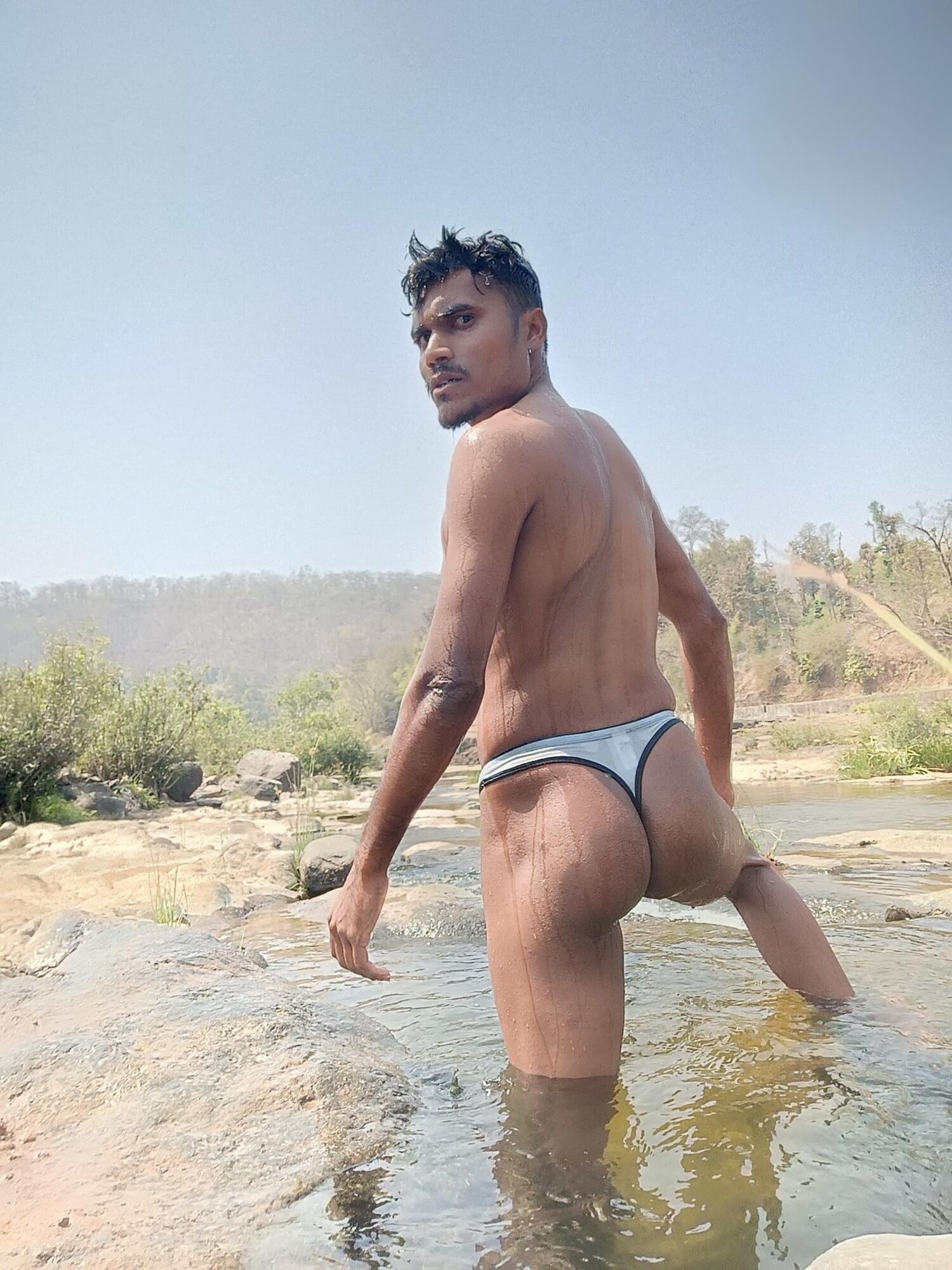 Hot muscular gym boy outdoor in river bathing enjoying swimm #3