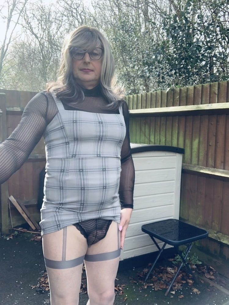 Amateur crossdresser Kelly cd in grey dress silver pantyhos  #11