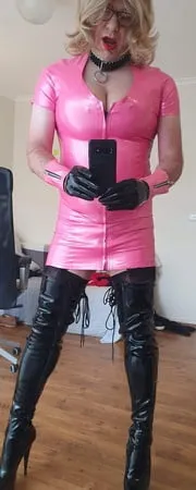 rachel in pretty pink latex black thigh boots         