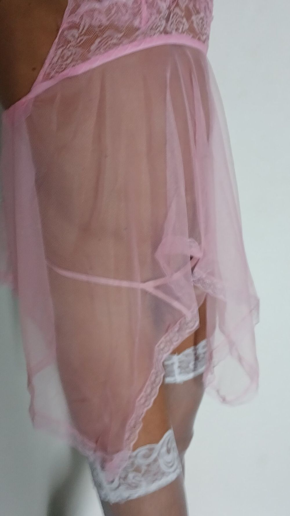 Transparent Pink nightie &amp;white stoking high heels #16