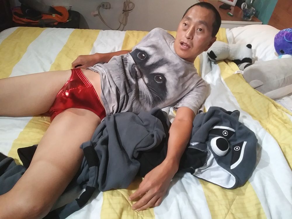 Hot asian boy wearing furry onesies and shiny undies #10