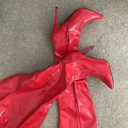 boots red pvc thigh high boots         