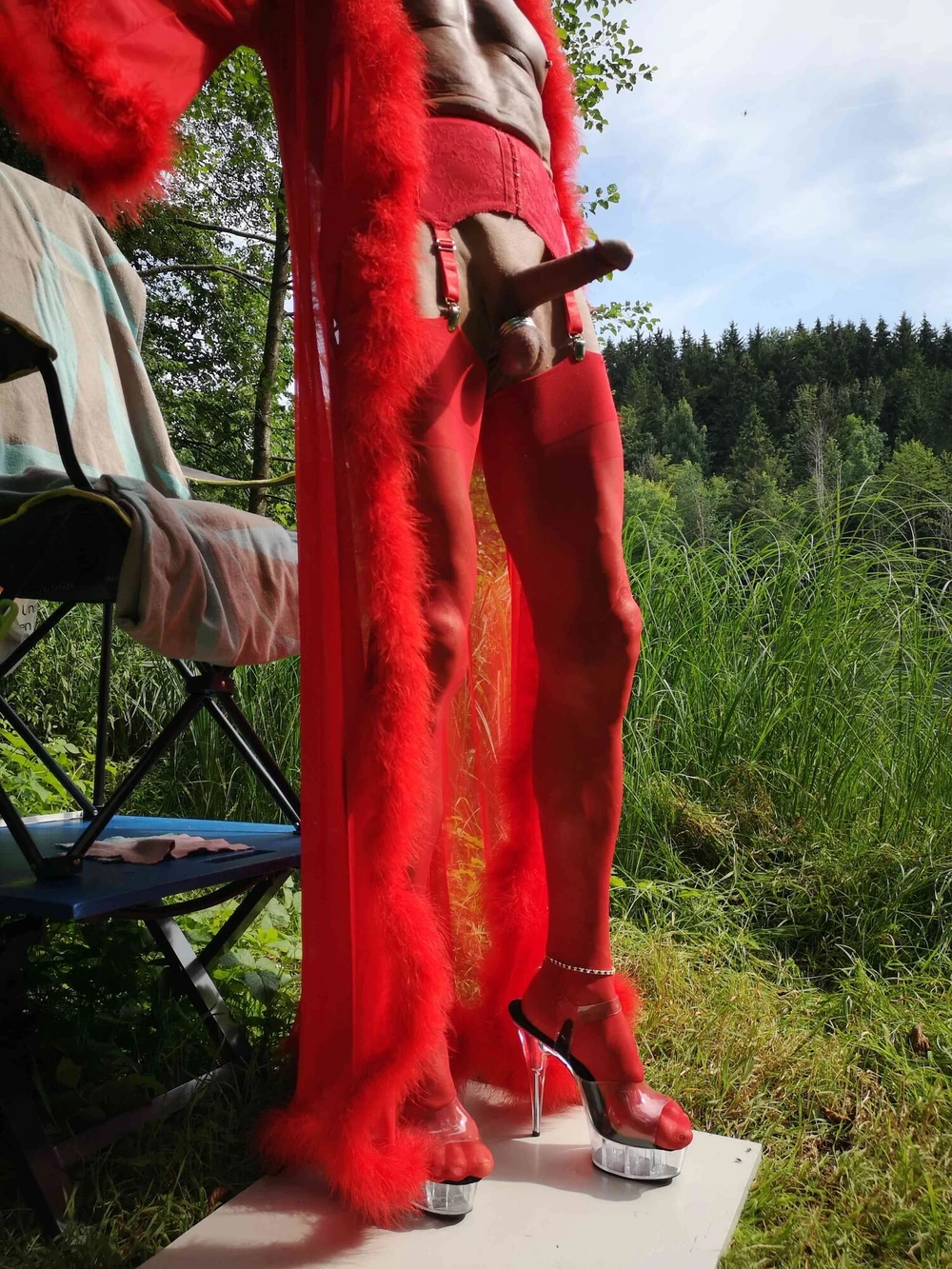 Crossdresser in red Lingerie at public Nudist Lake #35