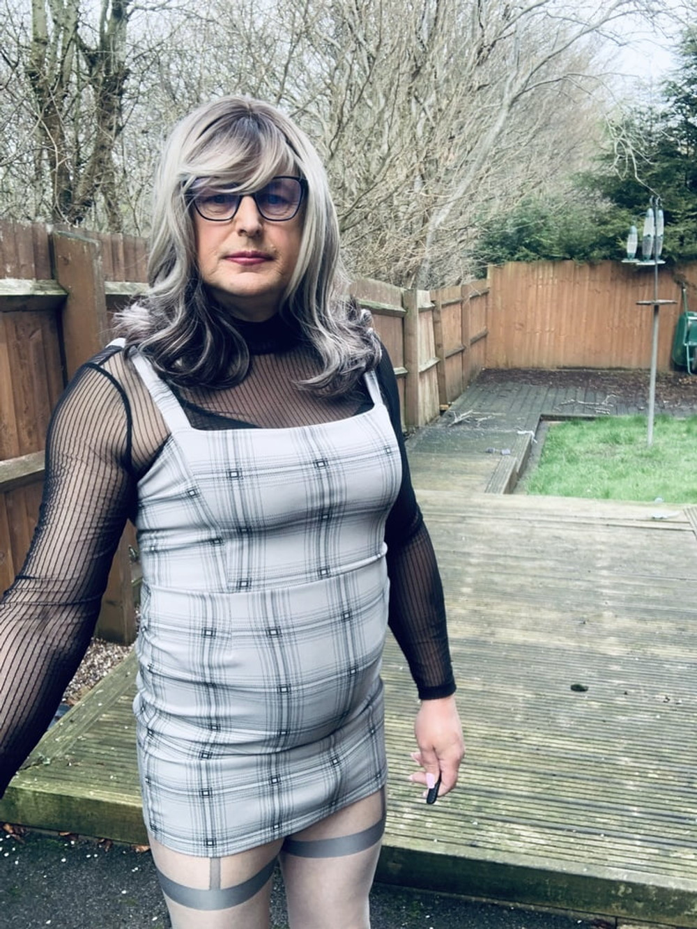 Crossdresser Kellycd in grey dress and pantyhose  #14