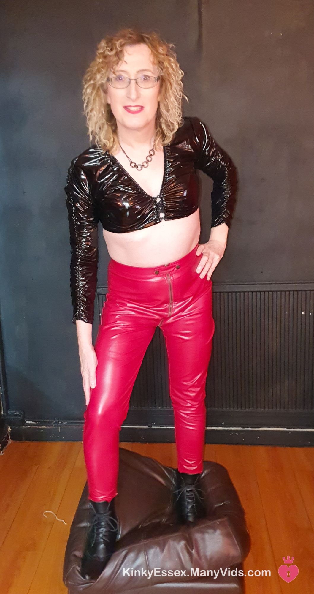 Black and Red Shiny PVC Fetish With Black Heel Ankle Boots #8