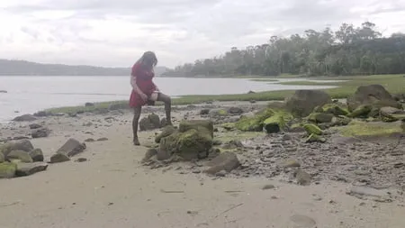 crossdess road trip red dress follow the river         