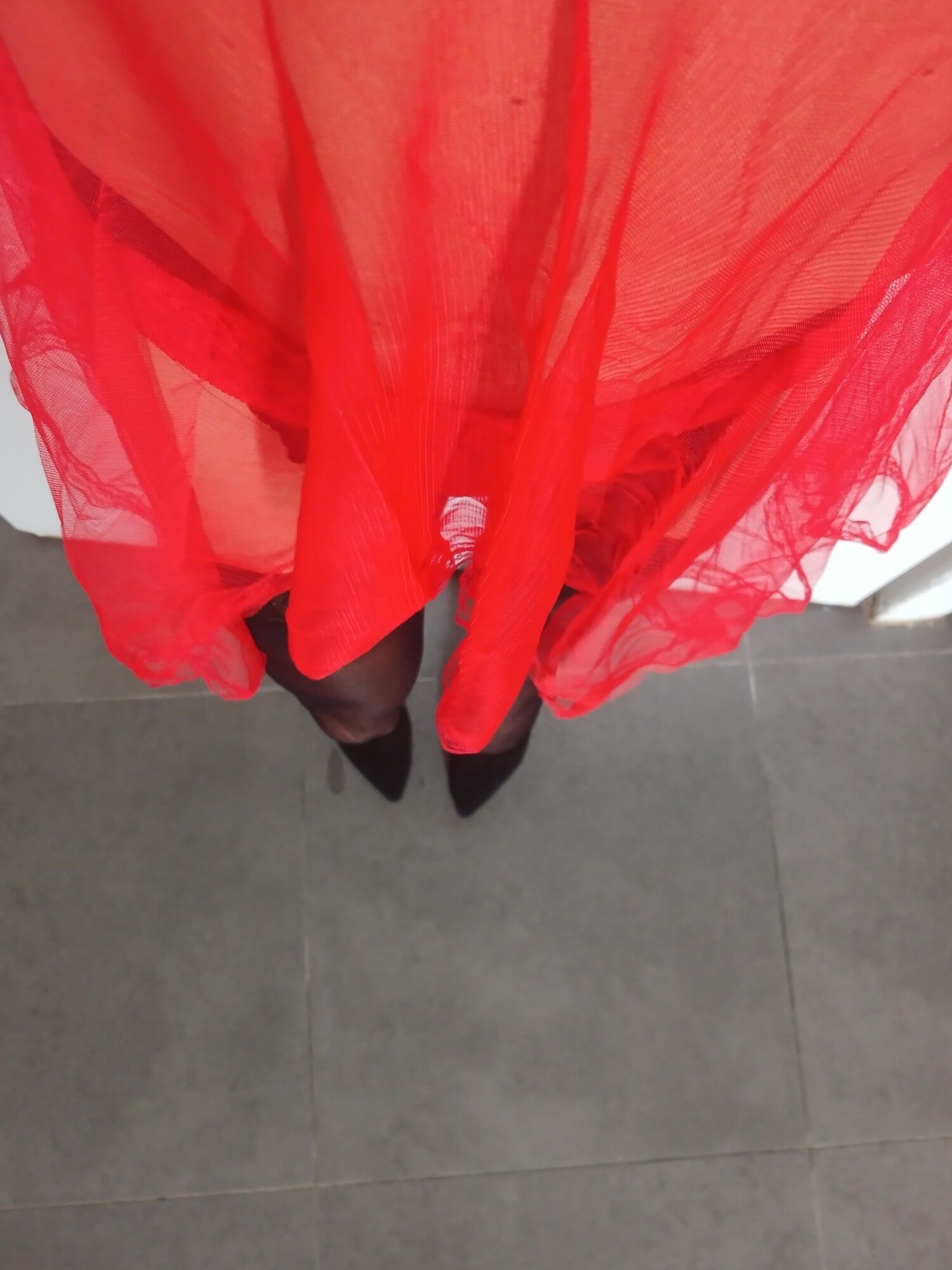 Red nightie black stoking high heels  #15