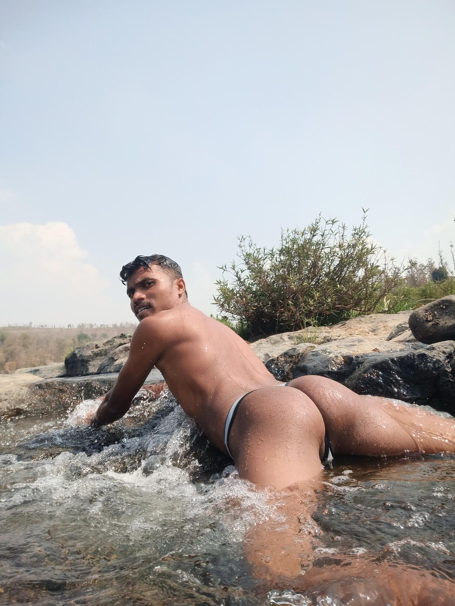 Hot muscular gym boy outdoor in river bathing enjoying swimm #23