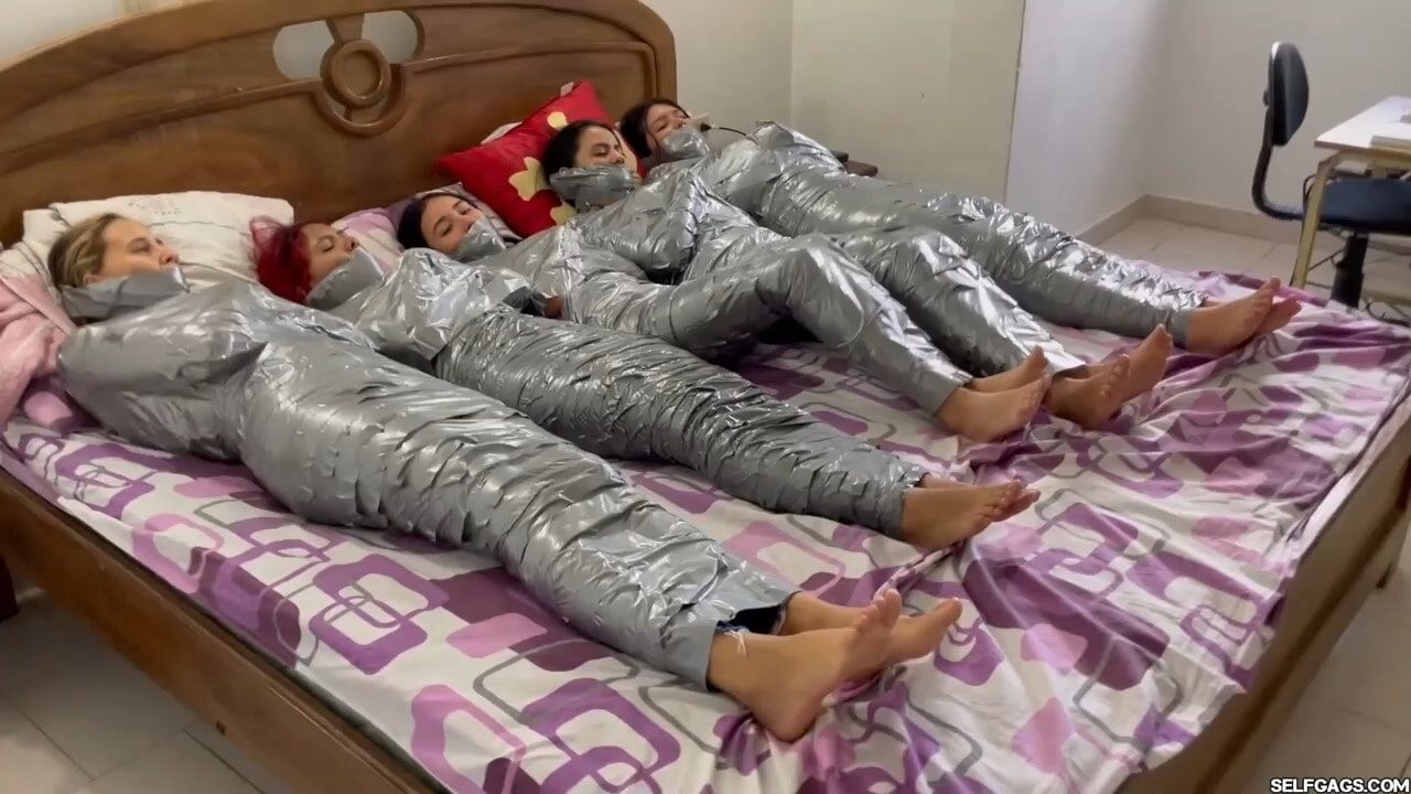 5 Mummified Girls Barefoot In Duct Tape Bondage #19