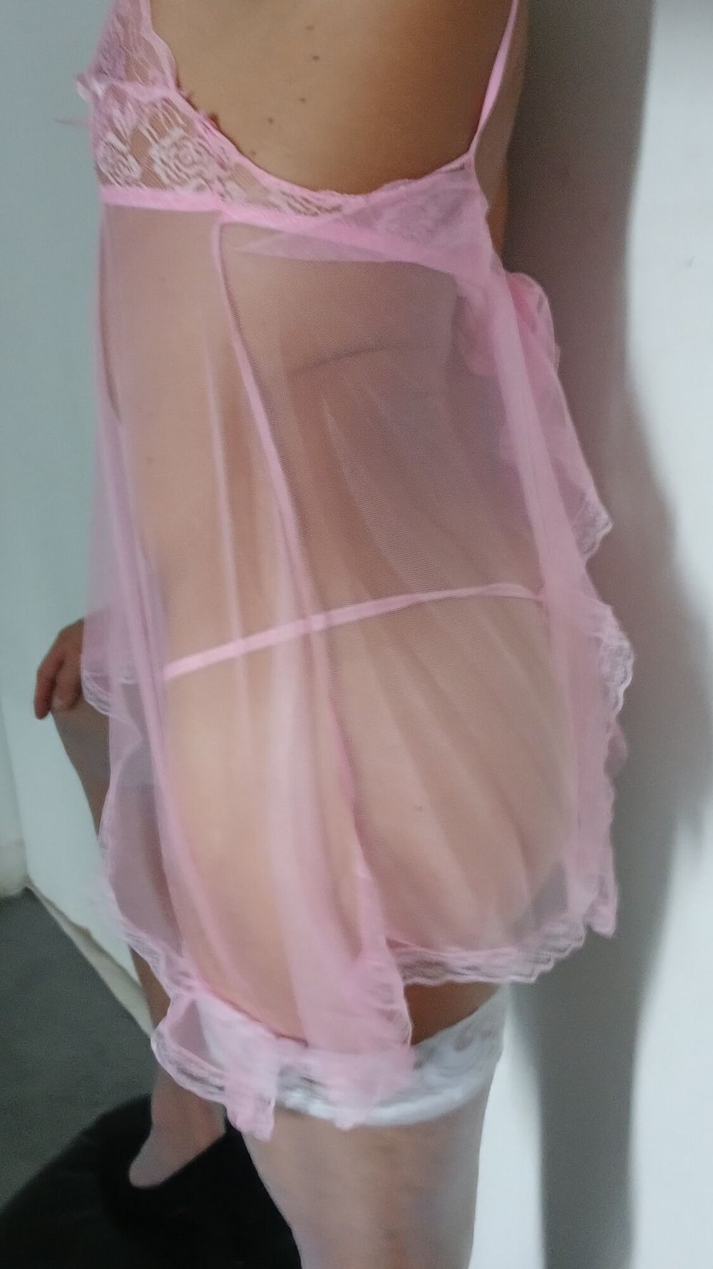 Transparent Pink nightie &amp;white stoking high heels #53