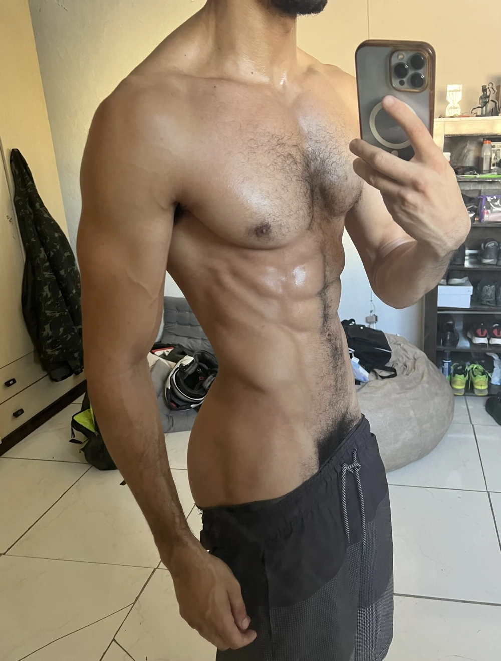 Sweaty fitness male body after running