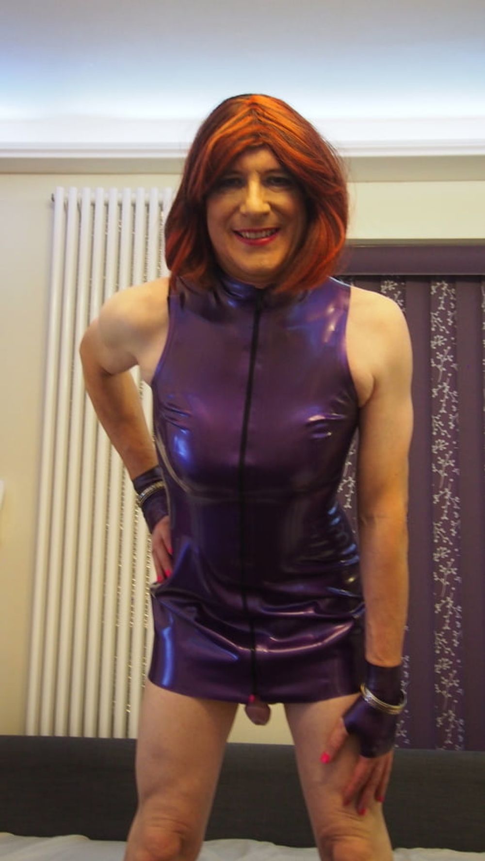 Purple Latex Poser in Sissy Chastity #9