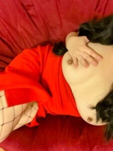Red Dress And Fishnet Stockings #9